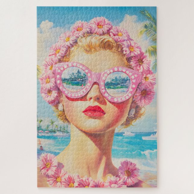Quebra-cabeça Retro Beach Girl com óculos de sol florais (Vertical)