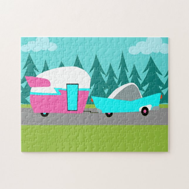 Quebra-cabeça retro do campista/reboque e do carro (Horizontal)