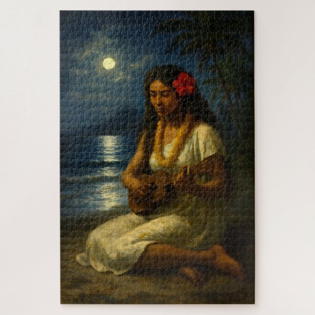 Quebra-cabeça Retro Hawaiian Girl & Ukulele On A Moonlit Beach (Vertical)