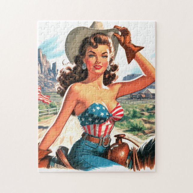 Quebra-cabeça Retro Linda Cowgirl Pin Up (Vertical)