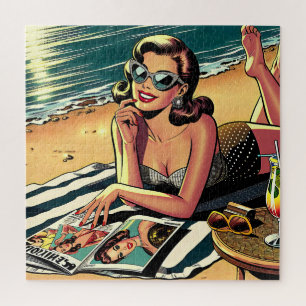 Quebra-cabeça Retro Mulher na Praia lendo uma Revista Fashion