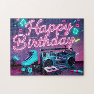 Quebra-cabeça Retro neon Happy Birthday assina rosa e cor-de-ros