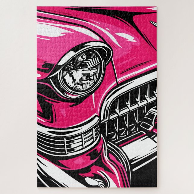 Quebra-cabeça Retro Pink Classic Car Front Pop Art Illustration (Vertical)