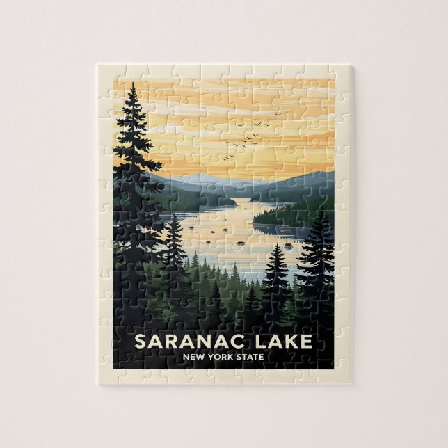 Quebra-cabeça Retro Saranac Lake | Viagens em Nova York (Vertical)