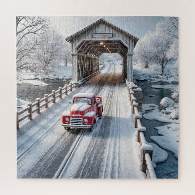 Quebra-cabeça Retro Truck and Winter Covered Bridge (Vertical)