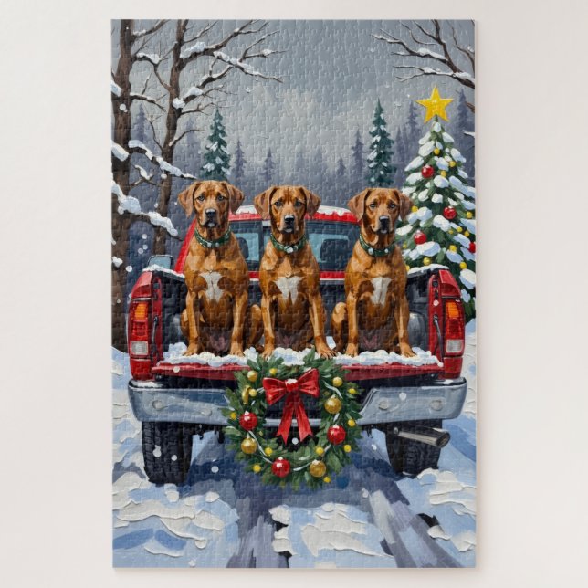 Quebra-cabeça Rhodesian Ridgeback Christmas Red Truck Holiday (Vertical)
