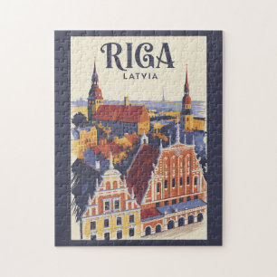 Quebra-cabeça Riga Letônia Ilustração Viagem Arte Vintage