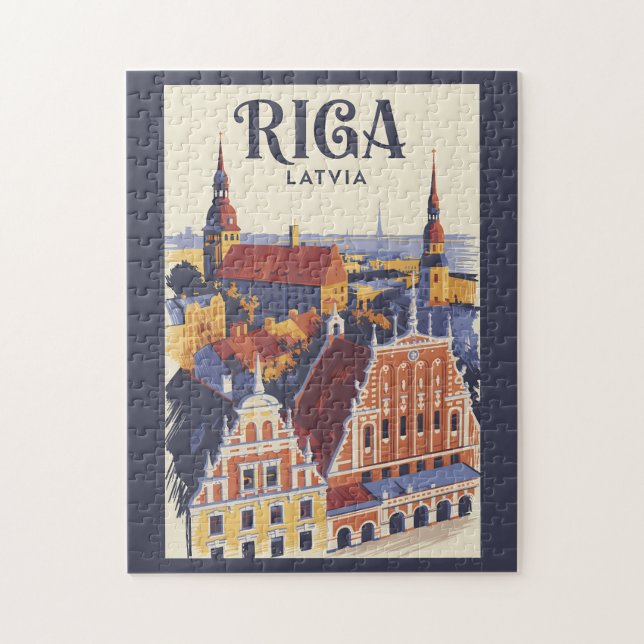 Quebra-cabeça Riga Letônia Ilustração Viagem Arte Vintage (Vertical)