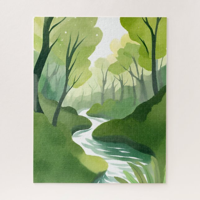 Quebra-cabeça Rio de Verde | Pintura em Aquarela da Floresta (Vertical)