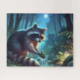 Quebra-cabeça Rio Whimsical Midnight Raccoon e Floresta Sapo