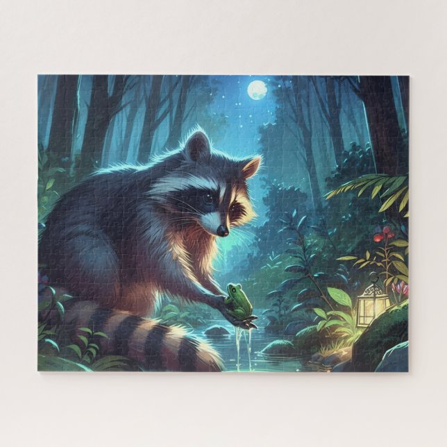 Quebra-cabeça Rio Whimsical Midnight Raccoon e Floresta Sapo (Horizontal)
