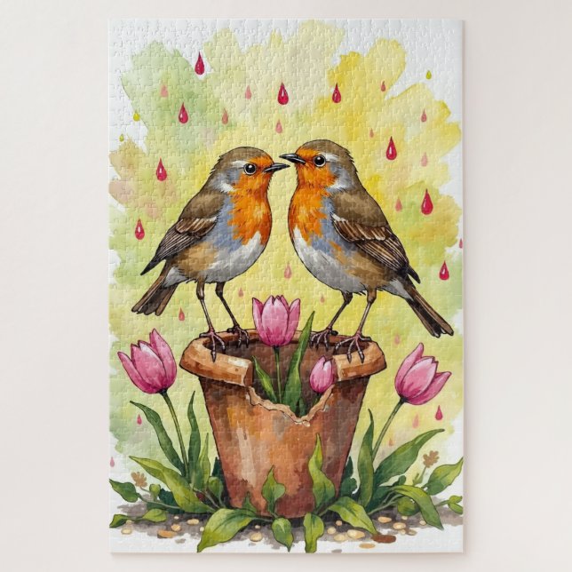 Quebra-cabeça Robin Birds Spring Love Watercolor Art (Vertical)