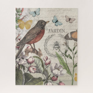 Quebra-cabeça Robin Elegant Bird Butterfly Arte Francesa