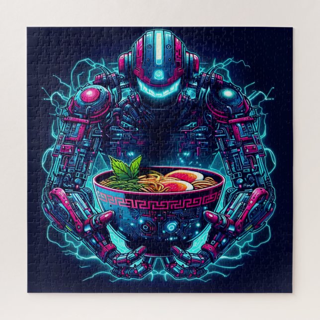Quebra-cabeça Robô Futurista Cyberpunk Neon Comida Ramen (Vertical)