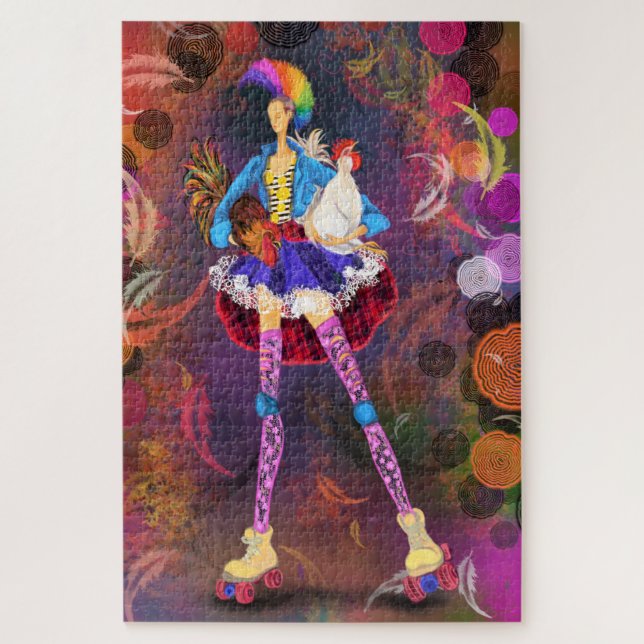 Quebra-cabeça Roller Skater Punk Fazenda Girl and Roosters Paint (Vertical)