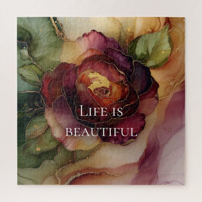 Quebra-cabeça Românico Red Burgundy Rosa Dourado Floral (Vertical)