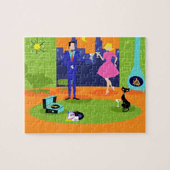 Quebra-cabeça romântico retro do casal da noite (Horizontal)