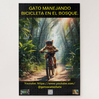 QUEBRA-CABEÇA ROMPECABEZA GATO MANEJANDO BICICLETA EN EL BOSQUE.