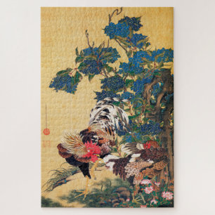 Quebra-cabeça Rooster e Hen com Hydrangeas por Ito Jakuchu