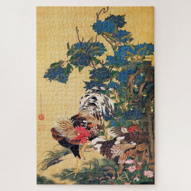 Quebra-cabeça Rooster e Hen com Hydrangeas por Ito Jakuchu (Vertical)