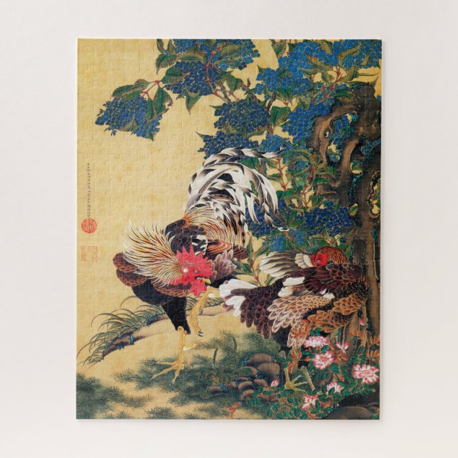 Quebra-cabeça Rooster e Hen com Hydrangeas por Ito Jakuchu (Vertical)
