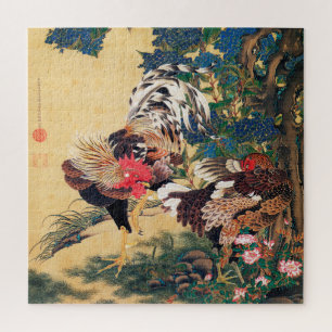 Quebra-cabeça Rooster e Hen com Hydrangeas por Ito Jakuchu