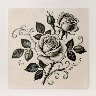 Quebra-cabeça Rosa Botânica Clássica Preta Vintage em Flor
