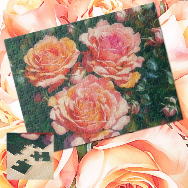 Quebra-cabeça Rosa de Pêssego Laranja bonito (Pretty peachy pink rose garden jigsaw puzzle.)