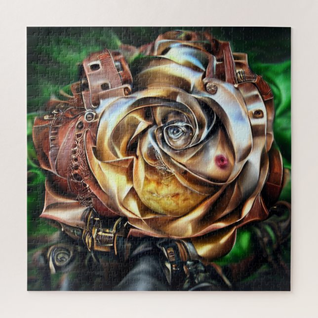 Quebra-cabeça Rosa Steampunk com Face Surreal - Flor Mecânico (Vertical)
