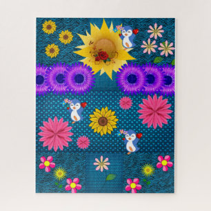 Quebra-cabeça Rosa vermelha Pinguim Floral Azul