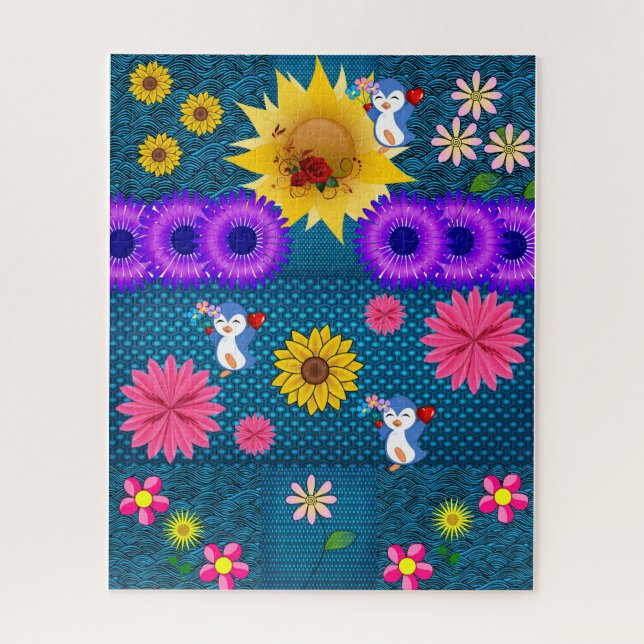 Quebra-cabeça Rosa vermelha Pinguim Floral Azul (Vertical)