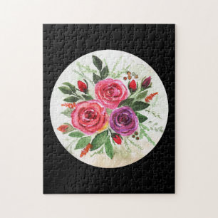 Quebra-cabeça Rosas de aquarela sobre fundo preto, aquarela