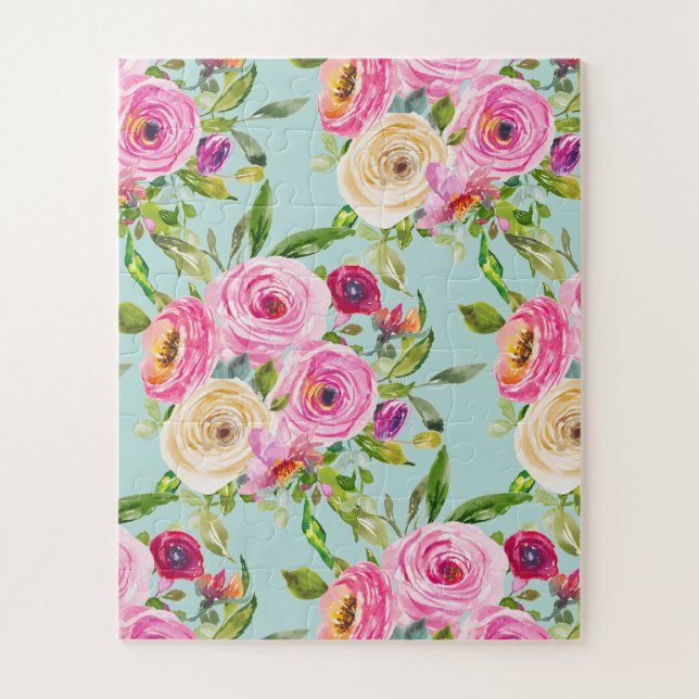 Quebra-cabeça Rosas de aquarelas a rosa e creme em aqua (Vertical)