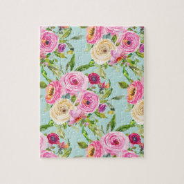 Quebra-cabeça Rosas de aquarelas a rosa e creme em aqua