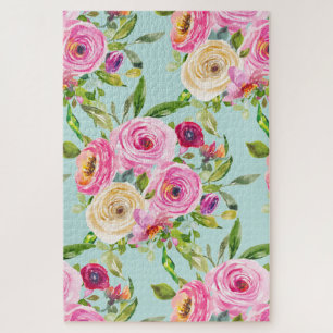 Quebra-cabeça Rosas de aquarelas a rosa e creme em aqua