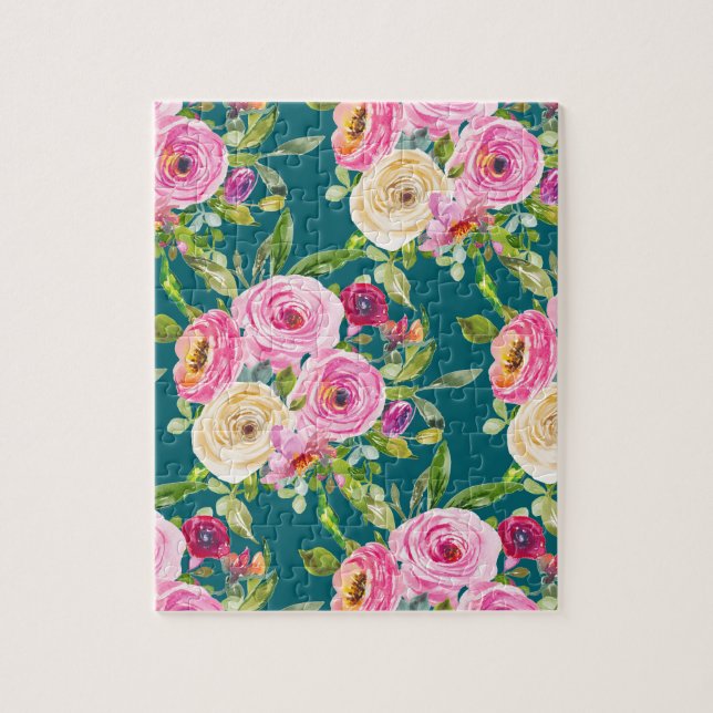 Quebra-cabeça Rosas de aquarelas em rosa e creme no chão (Vertical)