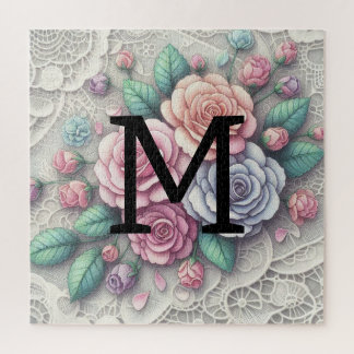 Quebra-cabeça Rosas florais cor-de-rosa púrpura, monogramas