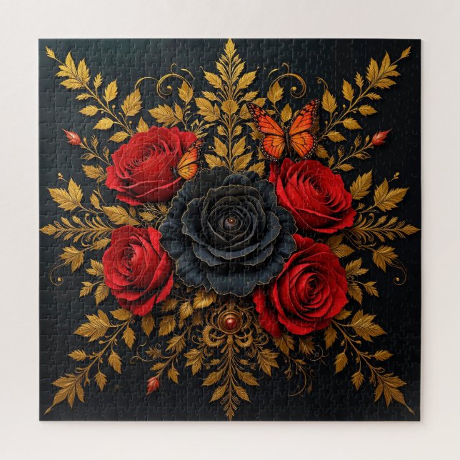 Quebra-cabeça Rosas Pretas Vermelhas Presente Para Amantes de Fl (Vertical)