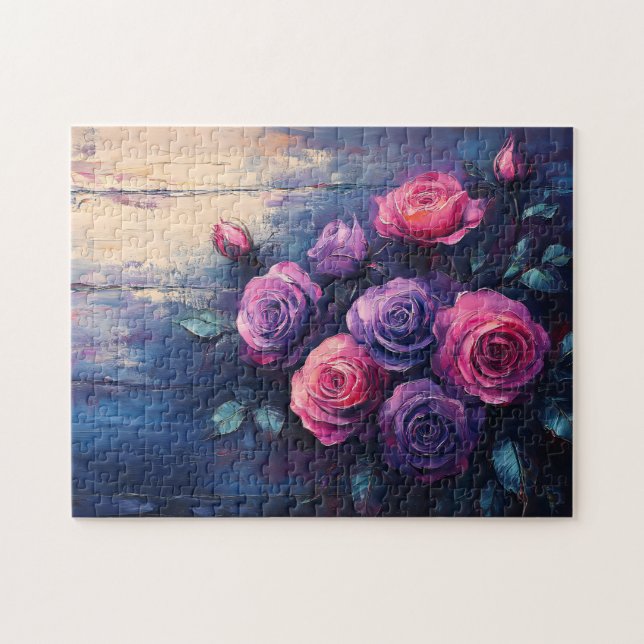 Quebra-cabeça Rosas roxas e rosa na madeira (Horizontal)