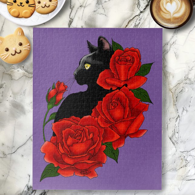 Quebra-cabeça Rosas vermelhas de Gato Negro Roxo (Criador carregado)