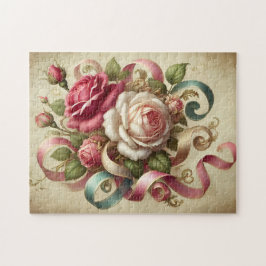 Quebra-cabeça Rosas Vintage & Fitas Arte Floral Romântica