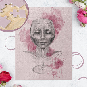 Quebra-cabeça Rosto de mulher em vinho, arte surreal de desenho
