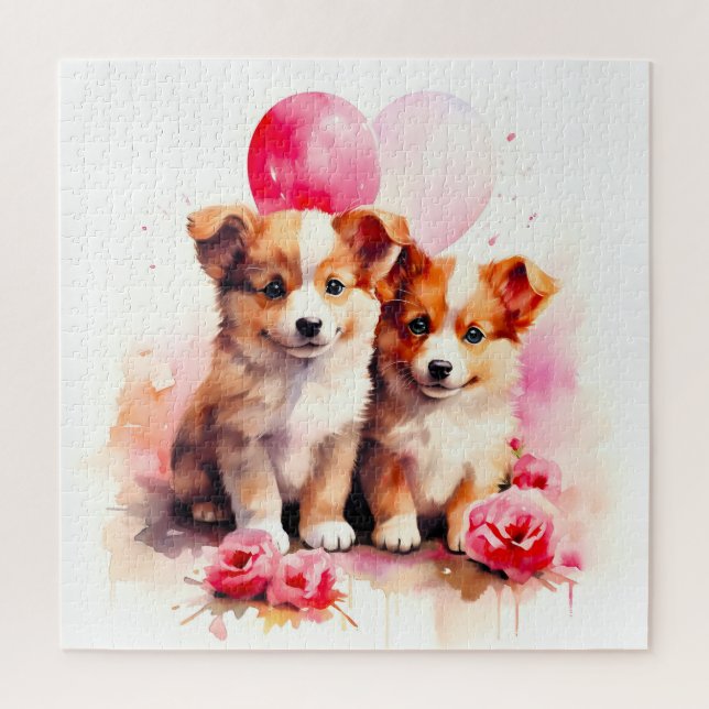 Quebra-cabeça Rosy Puppy Love Watercolor (Vertical)