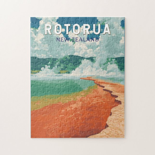Quebra-cabeça Rotorua Nova Zelândia Ilustração Retro de Arte Via (Vertical)