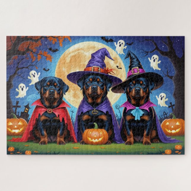Quebra-cabeça Rottweiler Cães Abóbora Halloween Engraçado (Horizontal)