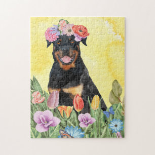 Quebra-cabeça Rottweiler Cão com Primavera de Flores