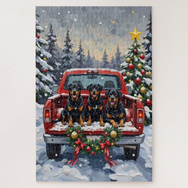 Quebra-cabeça Rottweiler Christmas Red Truck Holiday (Vertical)