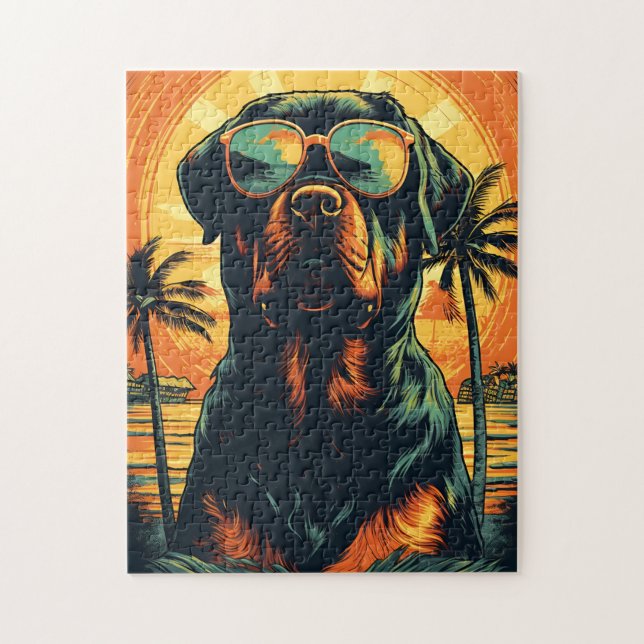 Quebra-cabeça Rottweiler com óculos de sol na praia (Vertical)
