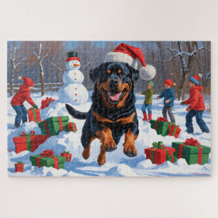 Quebra-cabeça Rottweiler Correndo na Neve com Chapéu de Natal