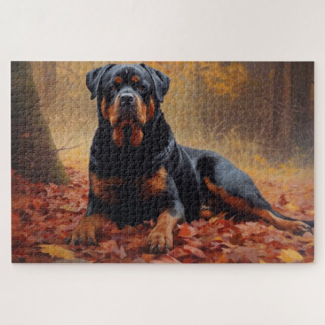 Quebra-cabeça Rottweiler nas Folhas de outono cai inspirador (Horizontal)